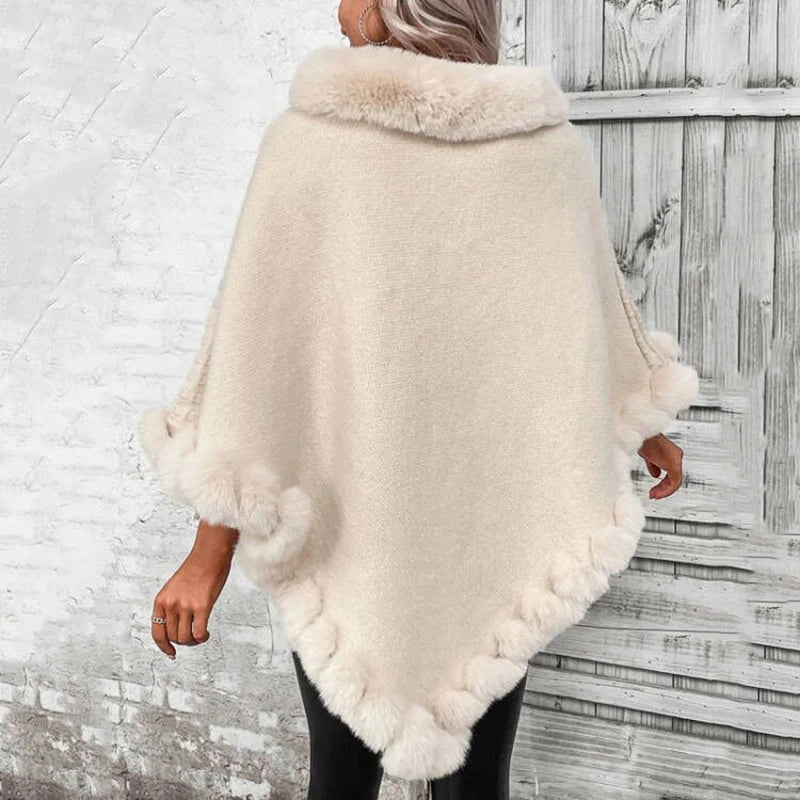 Fashion Plaid Stripes Faux Fur Pullover Cape Coat Women Autumn Winter