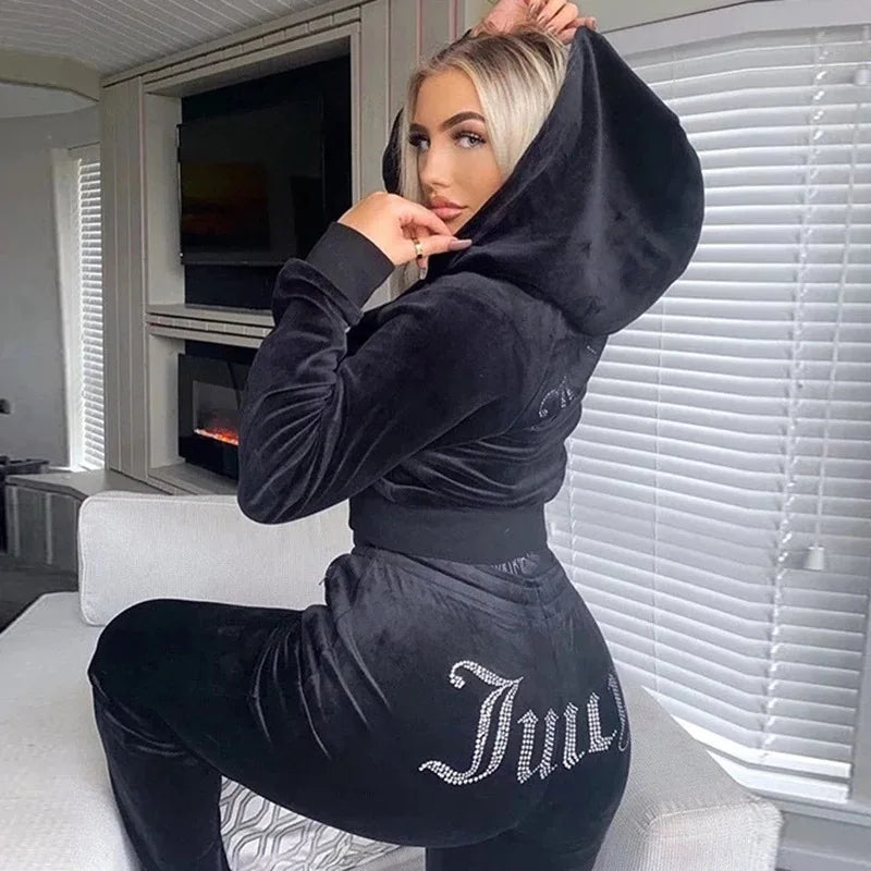 Chic Thin Velvet 2023 Autumn Juicy Apple Tracksuit 2 Pieces Set Hoodie