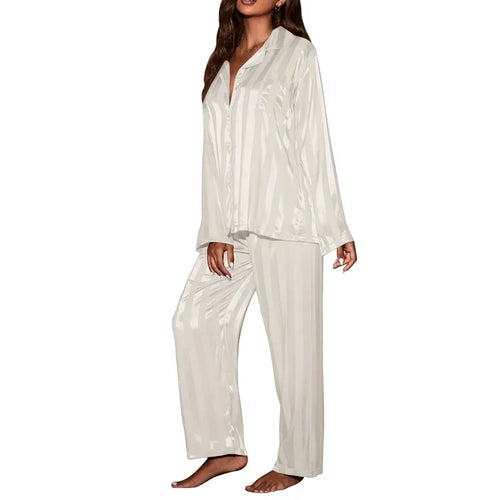 Women's striped pajama set, solid French silk satin pajamas, two piece