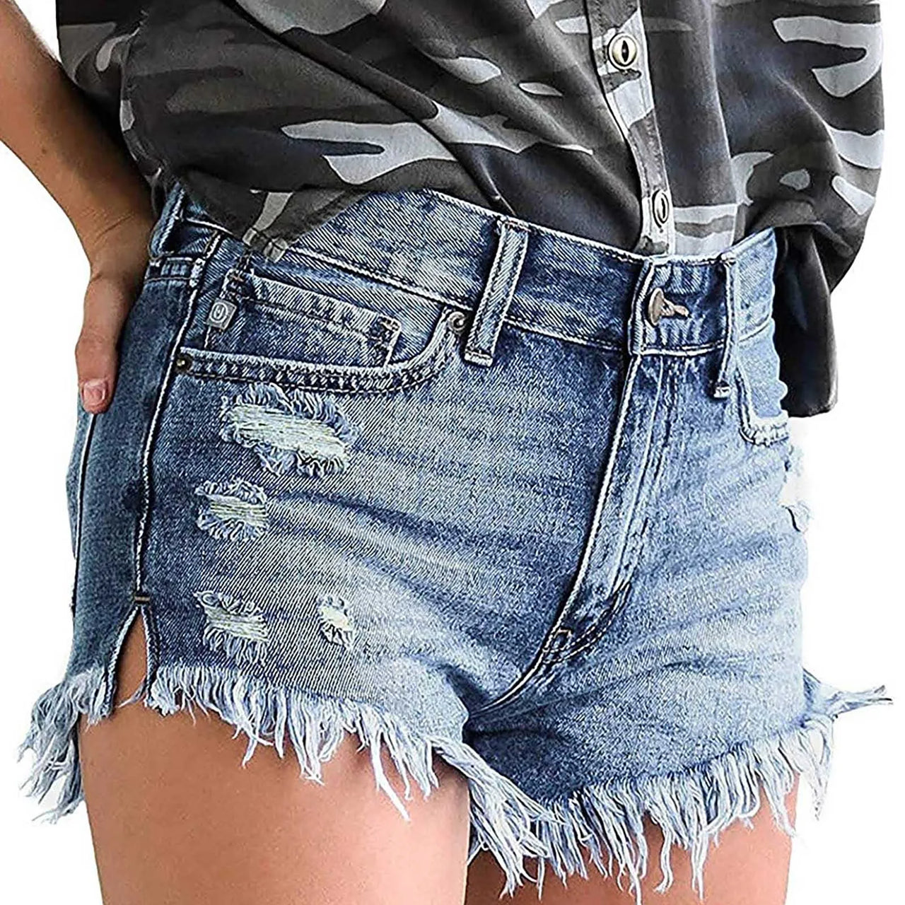 Women's High Waisted Denim Shorts Summer Pocket Ripped Hem Frayed