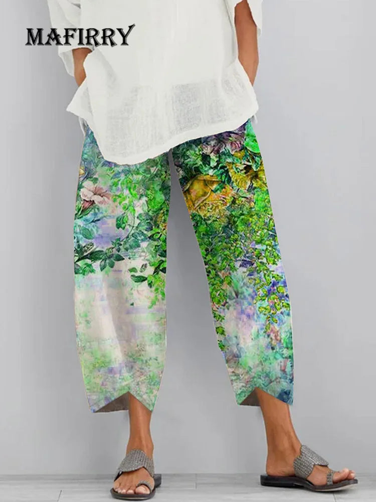 Women Trousers Straight Wide Leg Pants Summer Green Print Streetwear