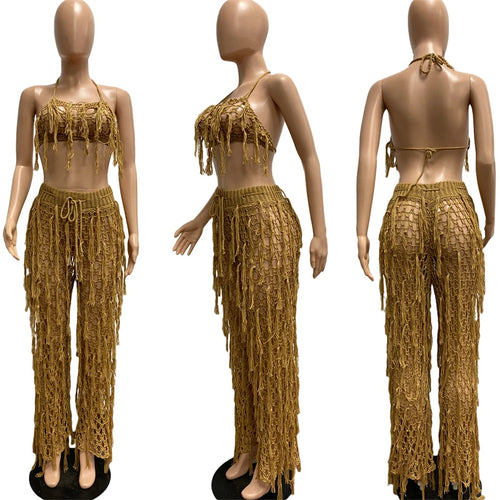 Hollow Out Hand Crochet Tassel 2 Piece Sets Women Sexy Summer Beach