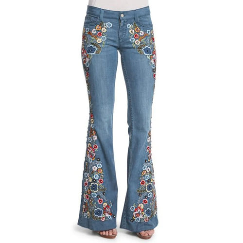 Blue Jeans Women Stretch Floral Embroidered Flared Jeans Fashion High