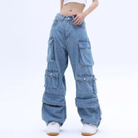 Thumbnail for Multi-Pocket Blue Washed Jeans Cargo Pants Y2k Retro Streetwear