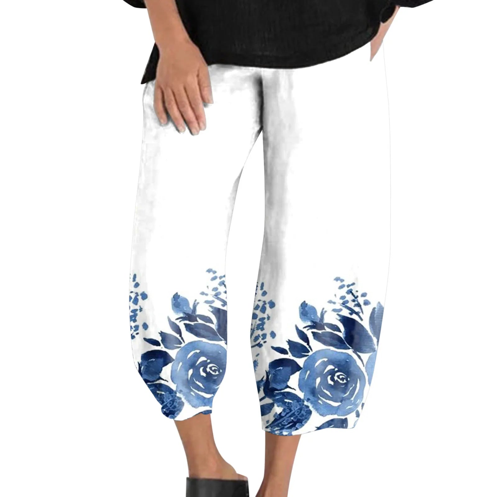 Cotton Linen Elegant Vintage Floral Print Women Pants Elastic Waist