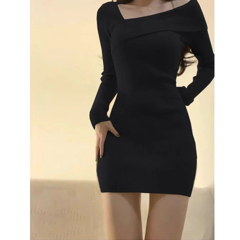 Women's Long sleeved Dress One line Neck Knitted Wrapped Hip Dress