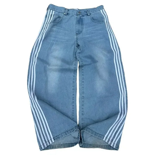 High Street Hip Hop Retro Blue Distressed Striped Denim Loose Pants