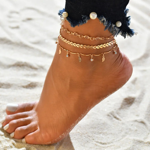 Summer Beach Crushed Stone Chain Anklet Set For Women Boho Shell Charm