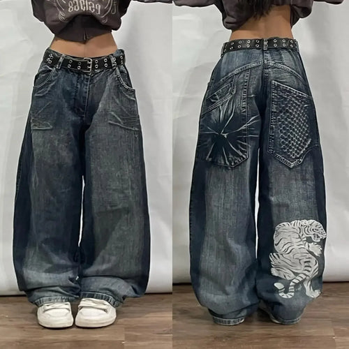 Y2k Street Casual Hip Hop Punk Crown Fashion Print Baggy Blue Jeans