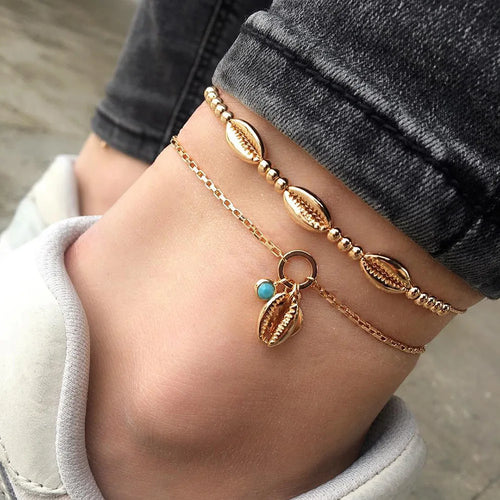 Summer Beach Crushed Stone Chain Anklet Set For Women Boho Shell Charm