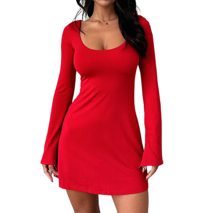 Women Round Neck Dress Skinny Sexy Bodyon Dress Solid Color Bell