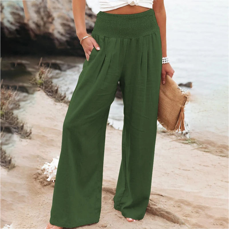 Women's Wide Leg Pants Summer Solid Loose Casual Vintage Cotton Linen