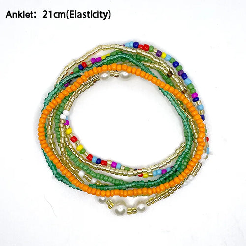 7Pcs/Set Bohemian Multicolor Beaded Chain Anklet Bracelet Set for