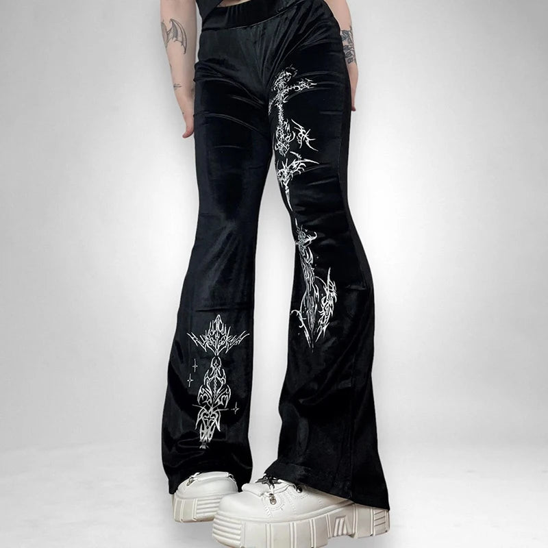 Women's Gothic Style Velvet Printed Flare Pants Dark God Element