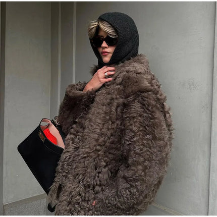 Women Fashion Warm Faux Fur Coat 2023 Winter Turn-down Collar Long