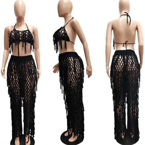 Hollow Out Hand Crochet Tassel 2 Piece Sets Women Sexy Summer Beach