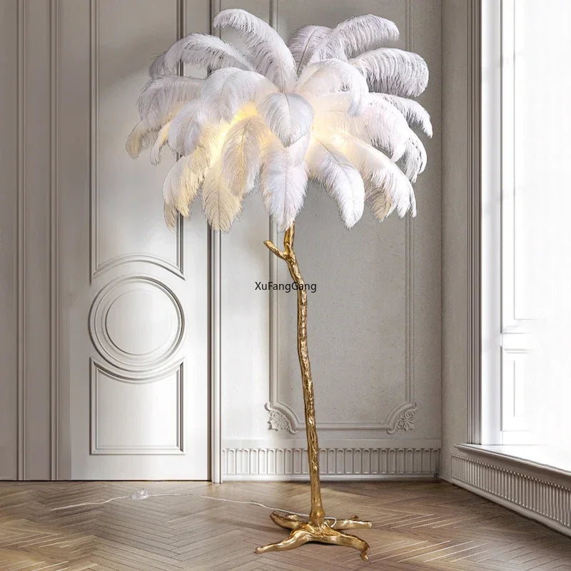 Nordic Ostrich Feather Led Floor Lamp Resin Copper Living Room Home