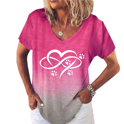 Women's T-Shirts Gradient Love Print Tops V Neck Fashion Female