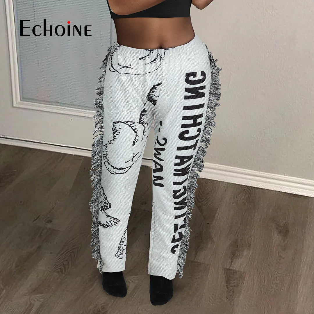 Echoine Women Print Side Tassel Autumn Pants High Waist Activewear