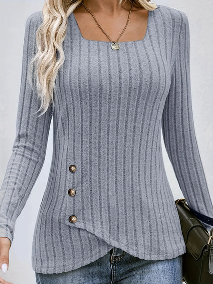 Square Neck Solid Ribbed Button DecorT-Shirt, Casual Long Sleeve Top