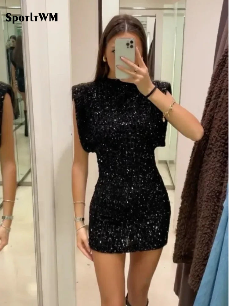 Silm Shoulder Pads Sequin Mini Dress For Woman Elegant Round Neck