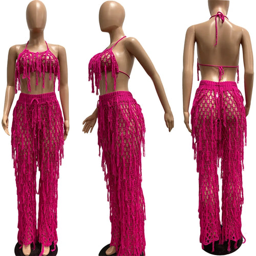 Hollow Out Hand Crochet Tassel 2 Piece Sets Women Sexy Summer Beach