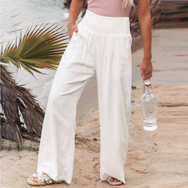 Women's Wide Leg Pants Summer Solid Loose Casual Vintage Cotton Linen