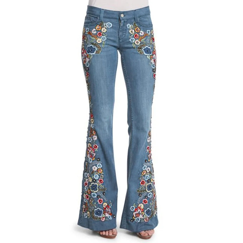 Size S-4XL Elastic Flower Embroidered Flare Jeans Womens Retro Style