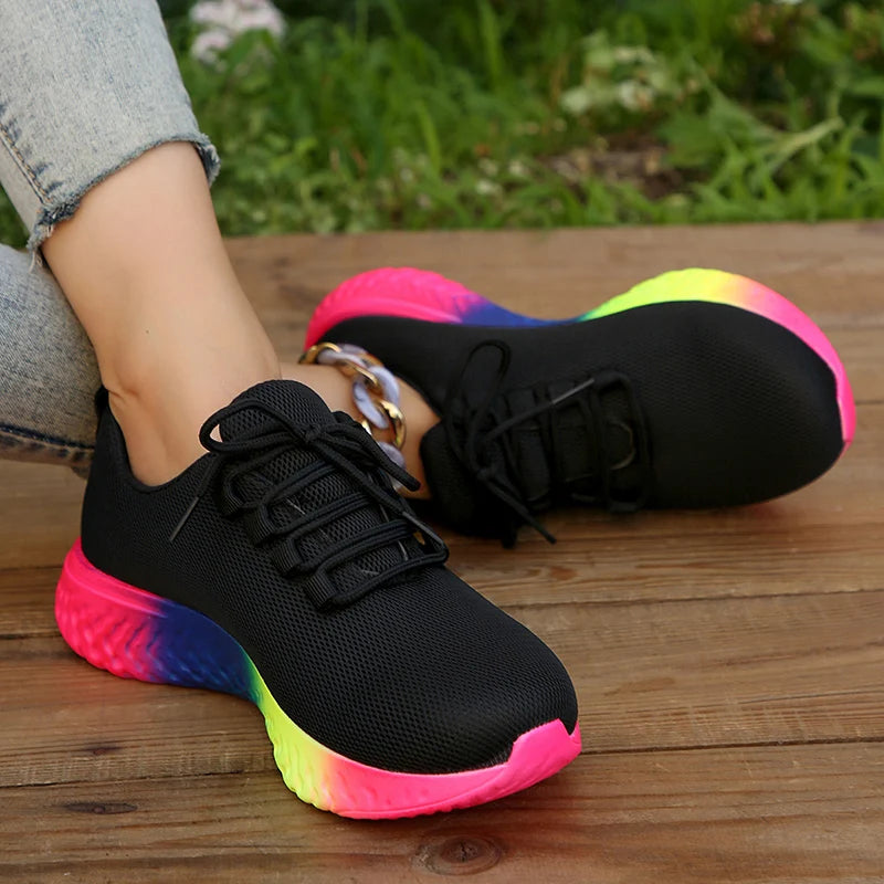 Fashion Rainbow Sole Knit Sneakers Women Mesh Breathable Platform