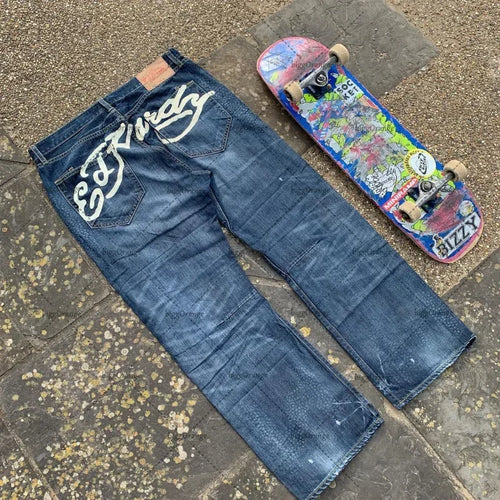 Streetwear Jeans Y2K Hip Hop Graphic Print Retro Blue Baggy Jeans