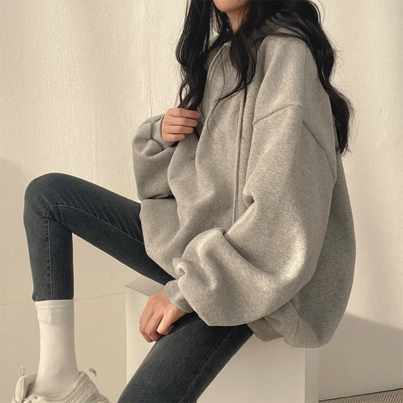 HOUZHOU Women Hoodie Streetwear Gray Harajuku Oversized Top Half Zip