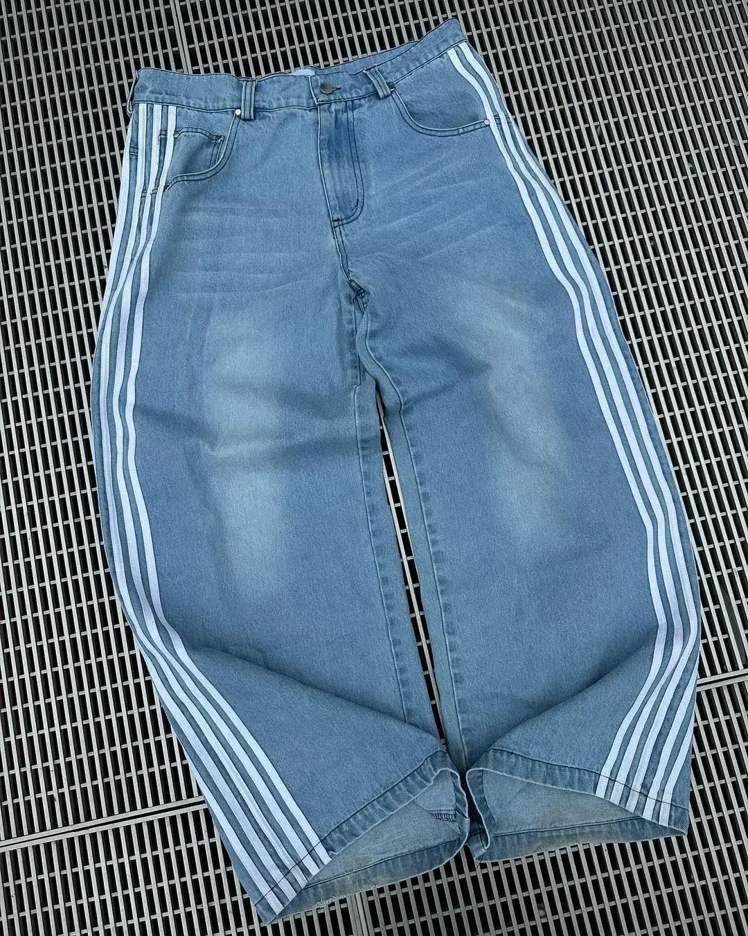 High Street Hip Hop Retro Blue Distressed Striped Denim Loose Pants