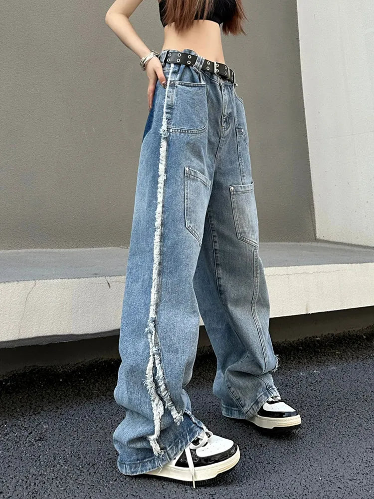 2023 Korean Y2K Multi Pockets Washed Blue Baggy Stacked Cargo Jeans
