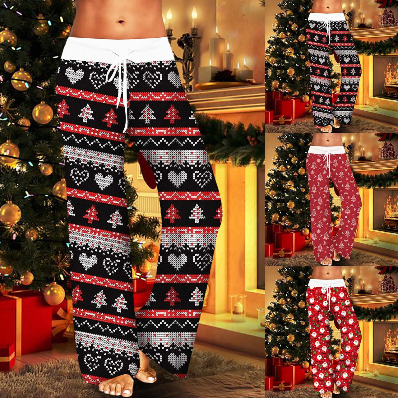 Christmas Printed Pants Women Vintage Elastic High Waist Drawstring