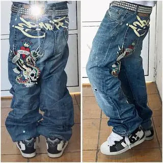 Gothic Hip Hop Skull Embroidery Jeans for Men Casual Y2k High Waist