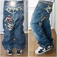 Thumbnail for Gothic Hip Hop Skull Embroidery Jeans for Men Casual Y2k High Waist