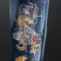 Thumbnail for Elastic Embroidered Jeans Men's Frayed Baggy Straight Denim Pants Plus