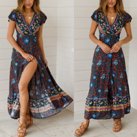 Thumbnail for Womens Wrap Style V Neck Floral Maxi Dress