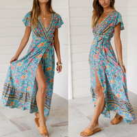 Thumbnail for Womens Wrap Style V Neck Floral Maxi Dress