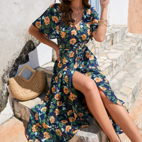 Thumbnail for Women Wrap Style Summer Floral Dress With Ruffles