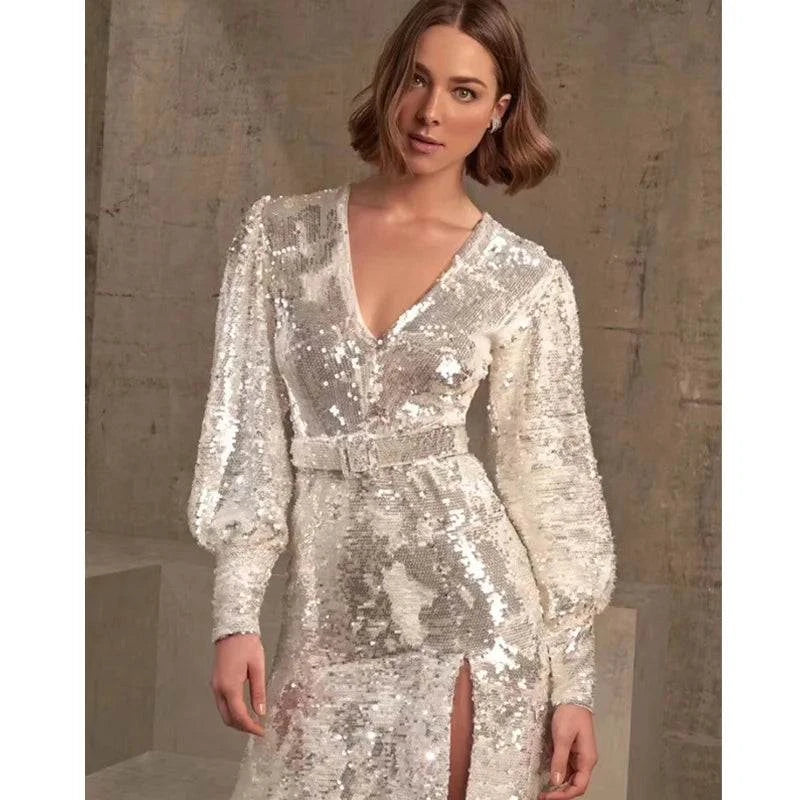 Silver Sequin Banquet Evening Dress Long Women