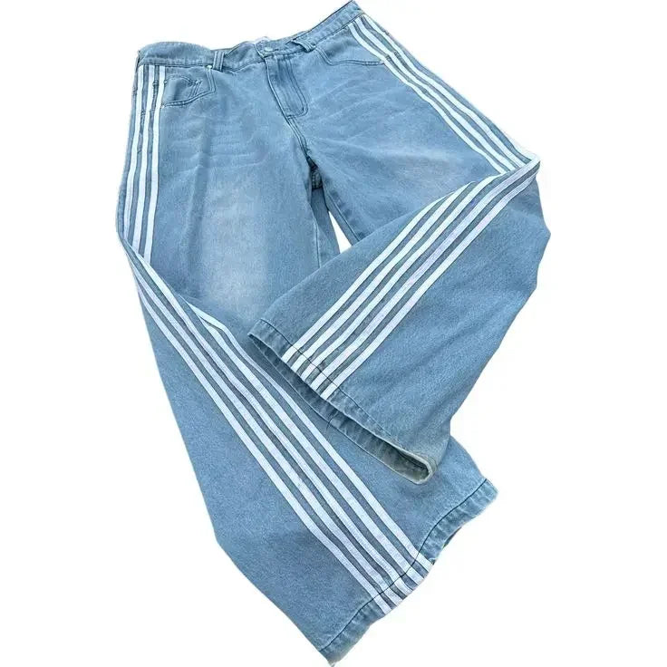 High Street Hip Hop Retro Blue Distressed Striped Denim Loose Pants