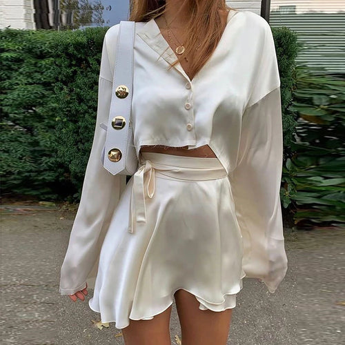 White Elegant Satin 2 Two Piece Set Women Lantern Long Sleeve Crop