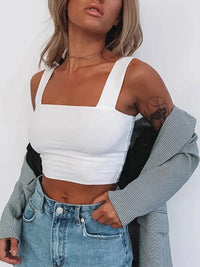 Thumbnail for Square Neck Sleeveless Summer Crop Top White Women Black Casual Basic