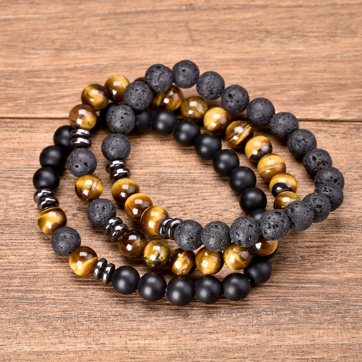 8mm 3 pcs/Set Natural Stone Beads Bracelet For Men Tiger Eys Black