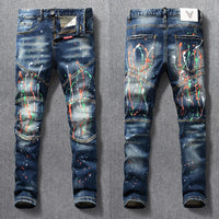 Thumbnail for Street Fashion Men Jeans Retro Blue Stretch Slim Fit Painted Ripped