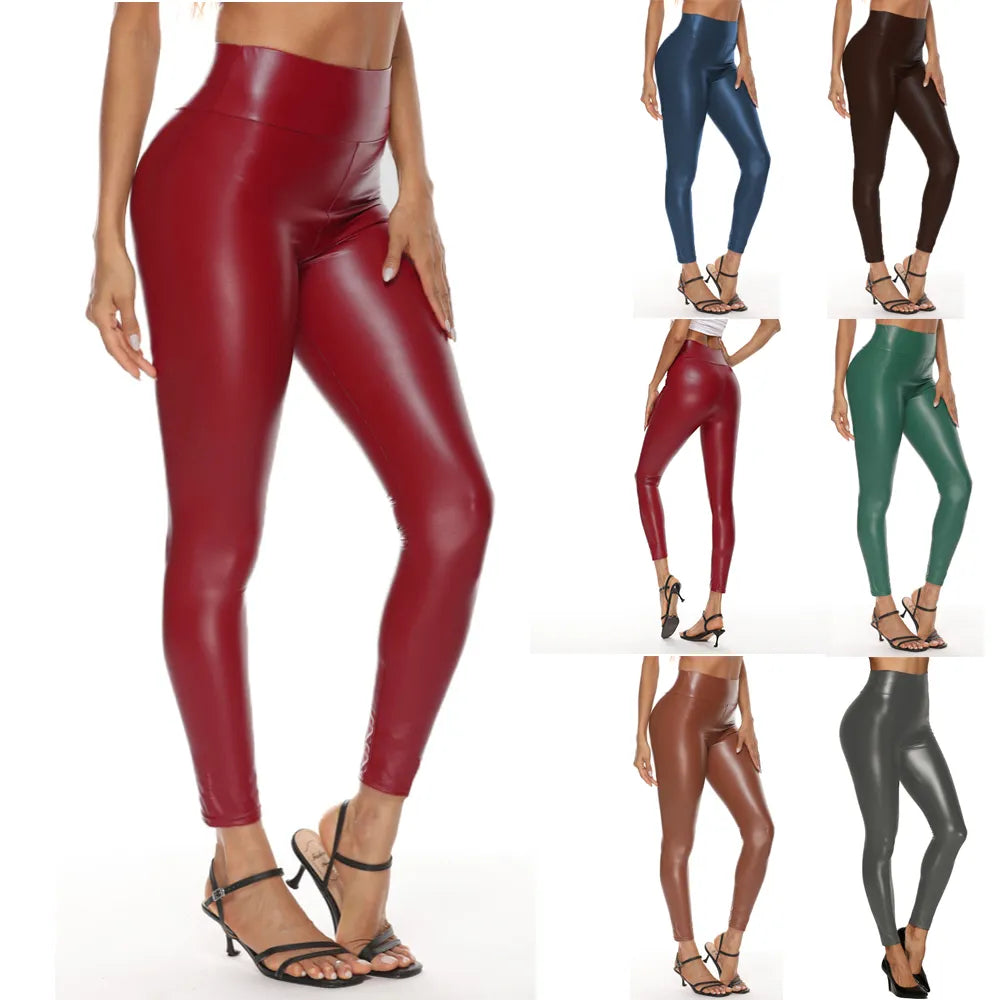 Colorful Faux Leather Pants Women High Waist Skinny Hip Lifting