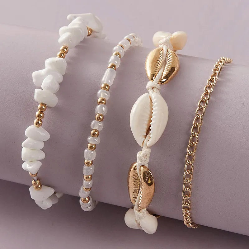 Summer Beach Crushed Stone Chain Anklet Set For Women Boho Shell Charm