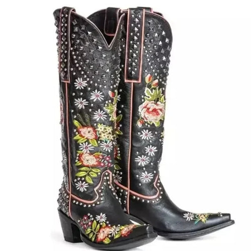 2023 New Flower Embroidered Rivet Western Cowboy Boots Women Pointed