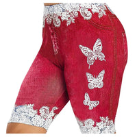 Thumbnail for Faux Jeans Shorts Womens Butterfly Print Five-Point Pants Large Size